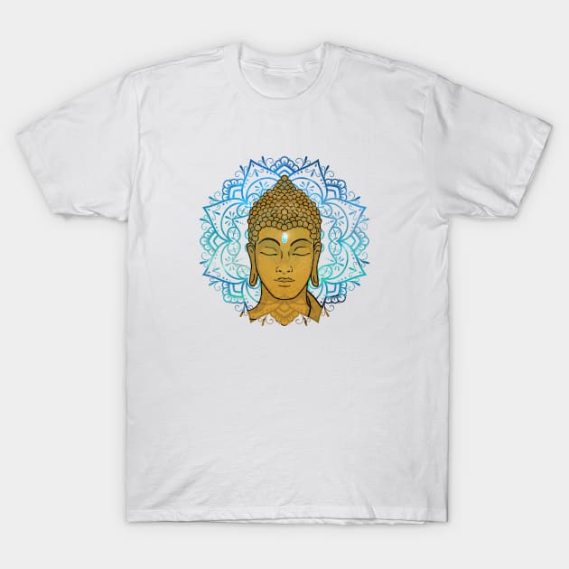 Golden Face of Buddha in a Blue Mandala T-Shirt by MandalaSoul